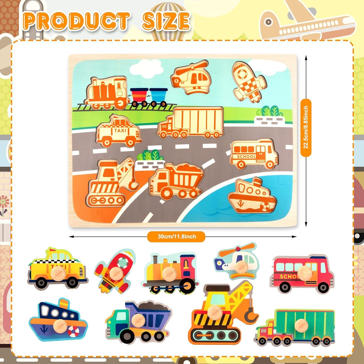 Puzzle Montessori din Lemn pentru Copii, Flippy, 0-3 Ani, 3D, Model Transporturi, Educativ, Intuitiv, Creativ, 9 Piese, 30x22.5x0.8 cm, Multicolor - imagine 3