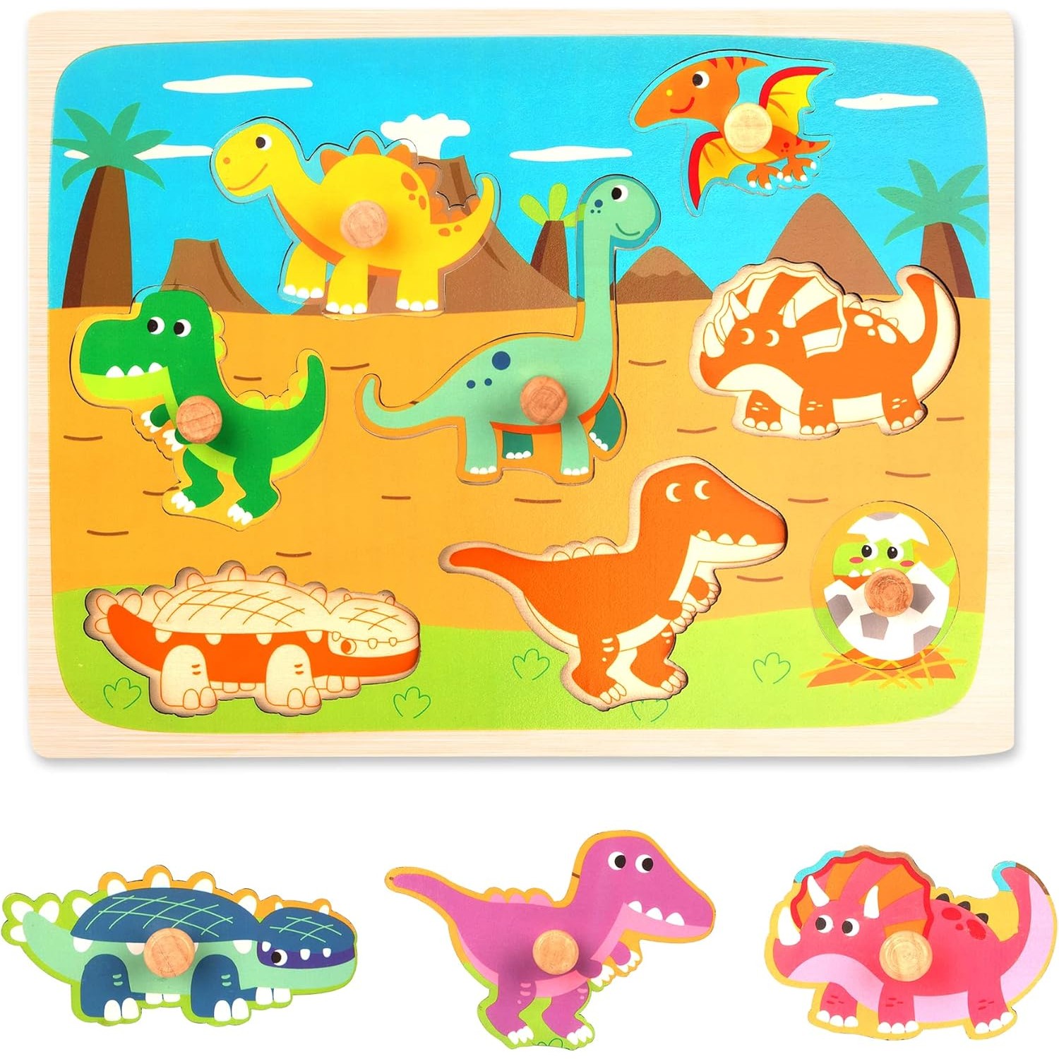 Puzzle Montessori din Lemn pentru Copii, Flippy, 3D, 0-3 Ani, Model Dinozauri, Educativ, Intuitiv, Creativ, 8 Piese, 30x22.5x0.8 cm, Multicolor