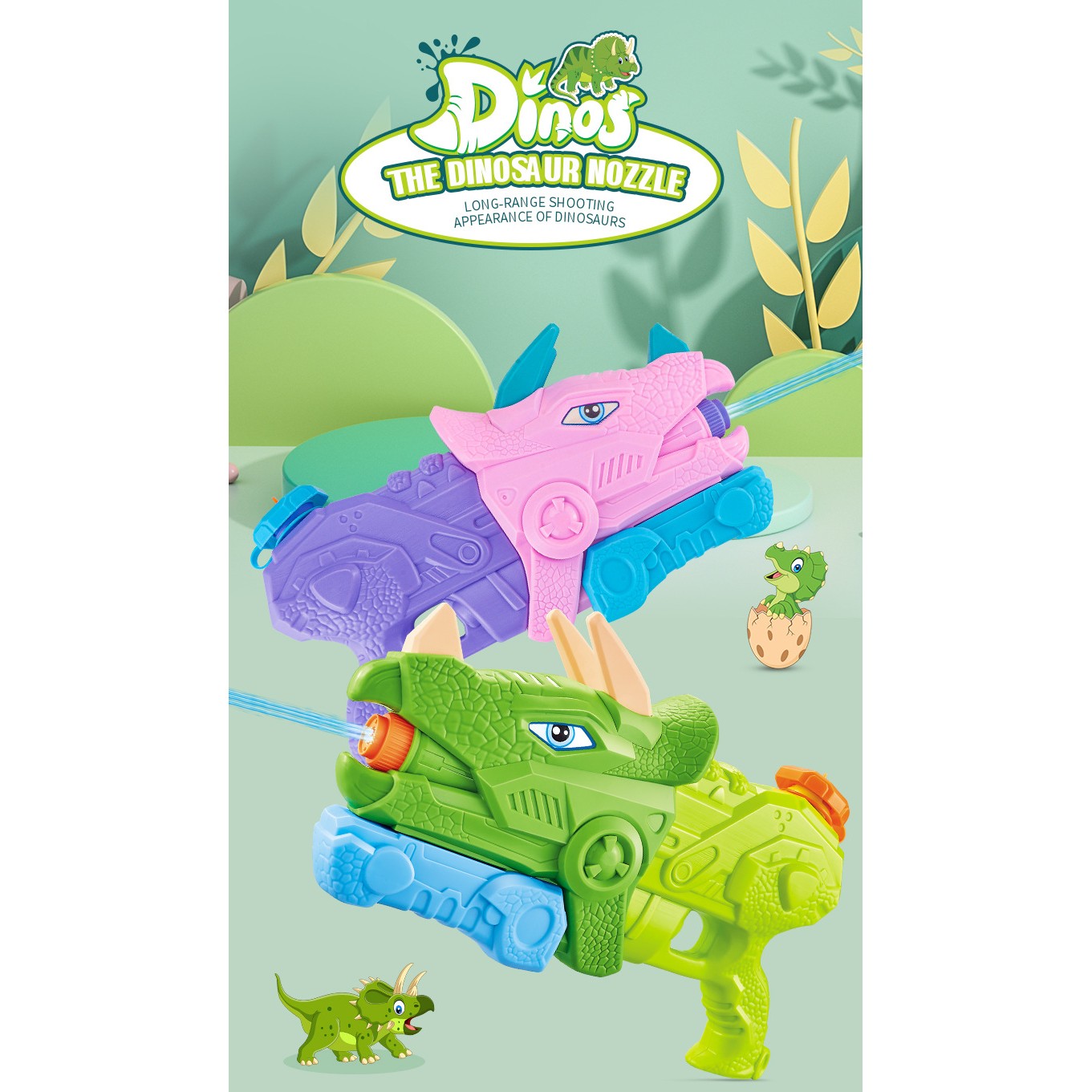 Pistol cu Apa pentru Copii, Rezervor, Pentru Piscina/Plaja, Flippy, 6ani+, Triceratops, 3 duze, Roz, 640ML - imagine 2