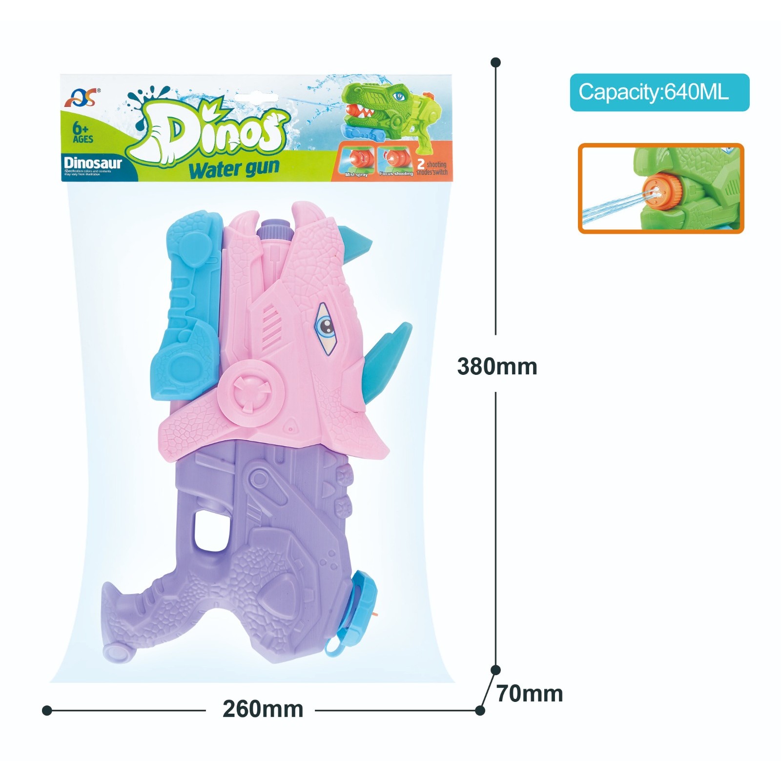 Pistol cu Apa pentru Copii, Rezervor, Pentru Piscina/Plaja, Flippy, 6ani+, Triceratops, 3 duze, Roz, 640ML - imagine 4