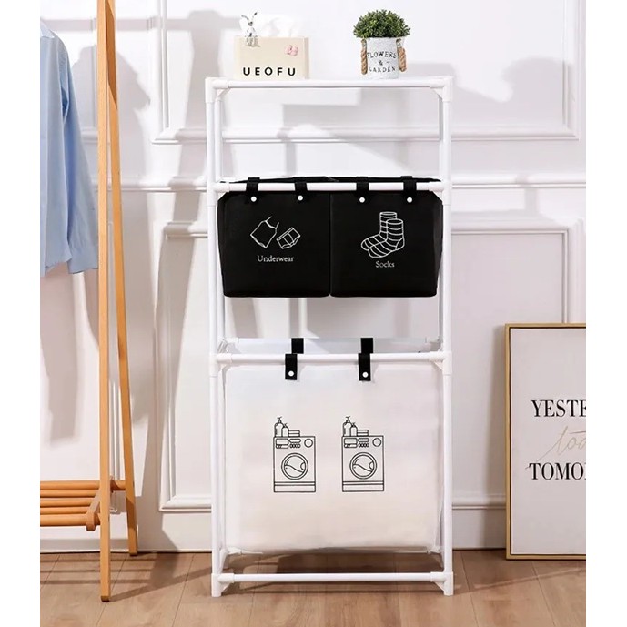 Cos de Rufe, Flippy, 3 Rafturi, 3 Cosuri, Cadru de Otel Inoxidabil, 123x28x57 cm, Alb - imagine 2