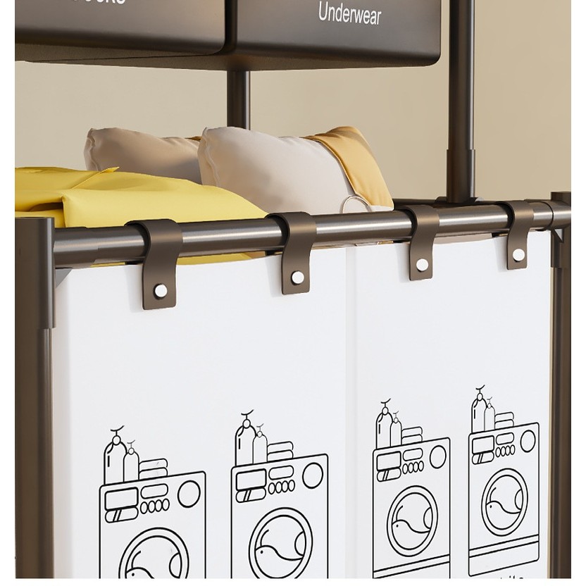 Cos de Rufe, Flippy, 3 Rafturi, 4 Cosuri, Cadru de Otel Inoxidabil, 123x44x57 cm, Negru - imagine 4