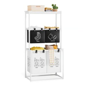 Cos de Rufe, Flippy, 3 Rafturi, 4 Cosuri, Cadru de Otel Inoxidabil, 123x28x57 cm, 123x44x57 cm, Alb