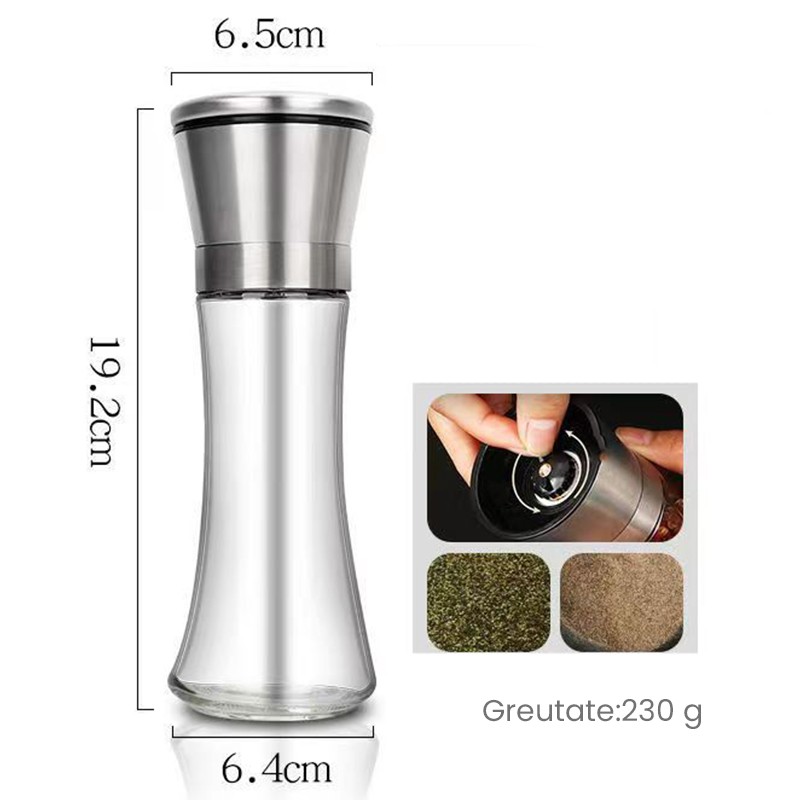 Rasnita Manuala pentru boabe, Flippy, Rasnita pentru Piper Sare Cafea, din Sticla cu Otel inoxidabil, 19.2 x 6.4 cm, volum 200 ml, Transparenta cu Capac din Inox - imagine 2