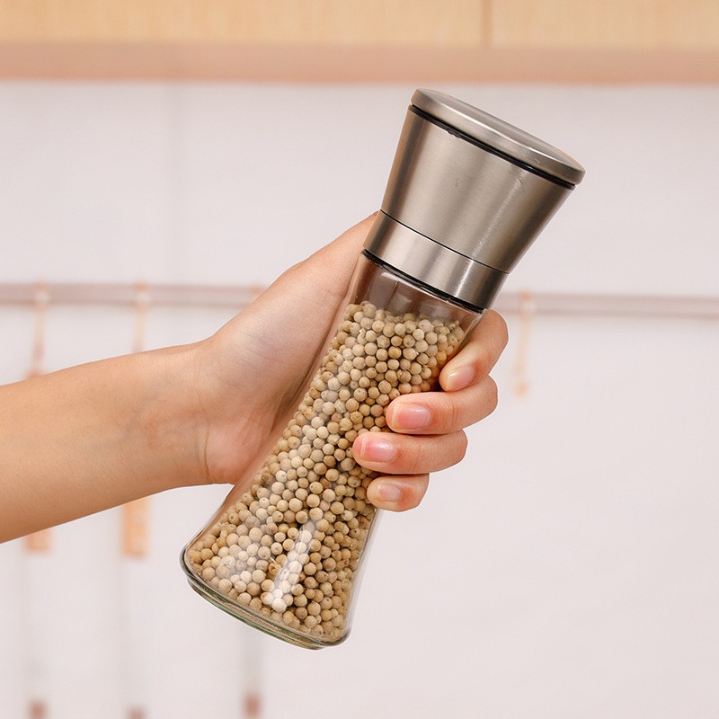 Rasnita Manuala pentru boabe, Flippy, Rasnita pentru Piper Sare Cafea, din Sticla cu Otel inoxidabil, 19.2 x 6.4 cm, volum 200 ml, Transparenta cu Capac din Inox - imagine 3