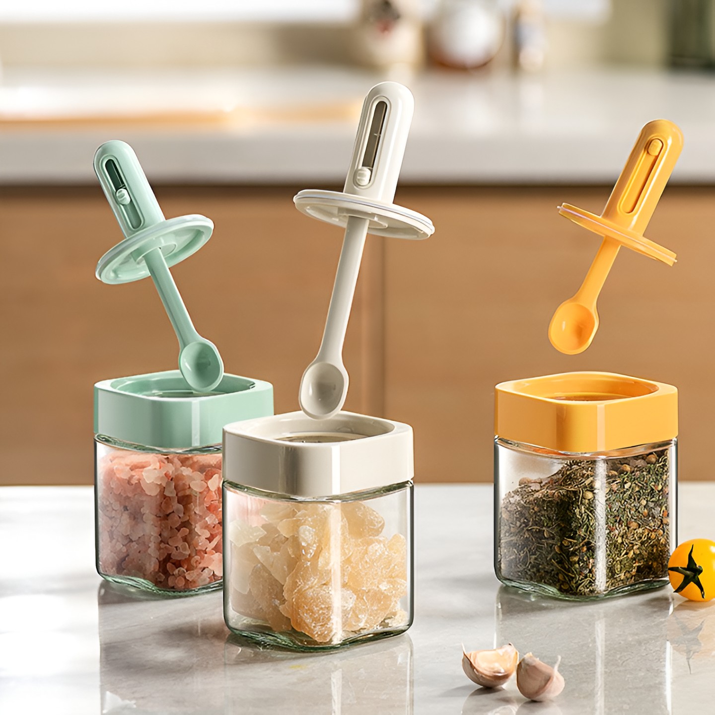 Recipient pentru Depozitarea Condimentelor, Flippy, Borcan din Sticla, Capac si Lingura Incorporate, Uz Casnic, 300 ml, 7.1x7.1x14.8 cm, Portocaliu - imagine 4