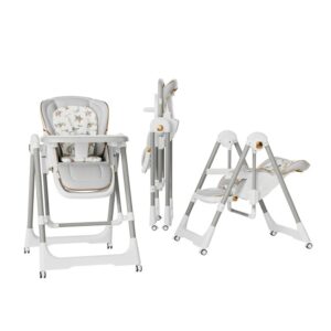 Scaun de Masa 2in1, Flippy, pentru Copii 6 luni - 4 Ani, Pliabil, cu Roti, Balansoar, Leagan, Reglabil, Tava de Masa Dubla, Centura in 5 Puncte, 96 x 56 x 76 cm, Gri