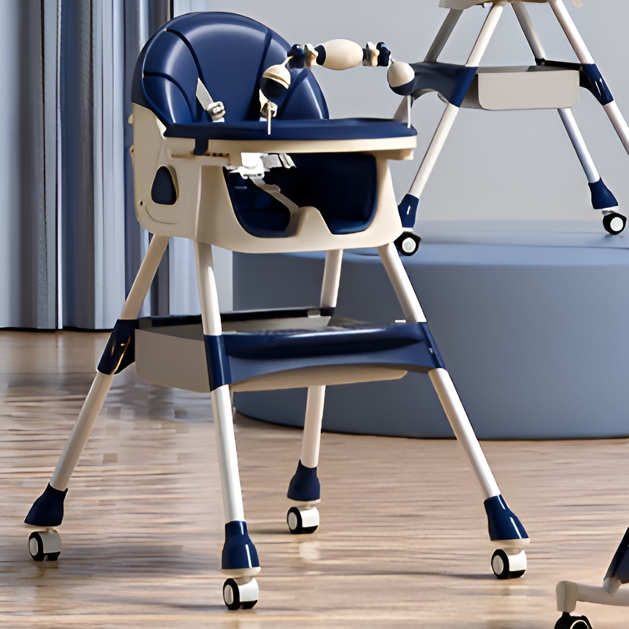 Scaun de Masa pe Roti pentru Copii, Flippy, 2 Tavite si Husa Detasabile, Multifuncțional, Stabil, Centura de Siguranta, Spatar Reglabil Moale, Balansoar, Cos de Depozitare, de la 6 Luni, Albastru - imagine 4