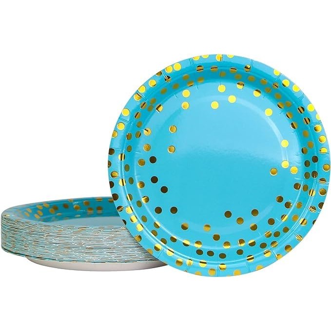 Set 10 Farfurii Unica Folosinta, Flippy, Imprimeu cu Buline, din Carton, Diametru 18 cm, Albastru/Auriu - imagine 2