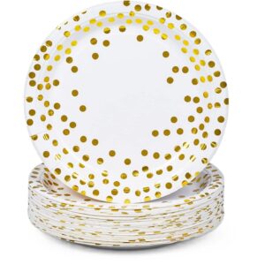 Set 10 Farfurii Unica Folosinta, Flippy, Imprimeu cu Buline, din Carton, Diametru 23 cm, Alb/Auriu