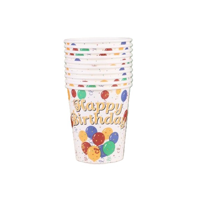 Set 10 Pahare, Flippy, Imprimeu Happy Birthday, Baloane din Carton, 230 ml, 7.5 x 8.6 cm, Multicolor