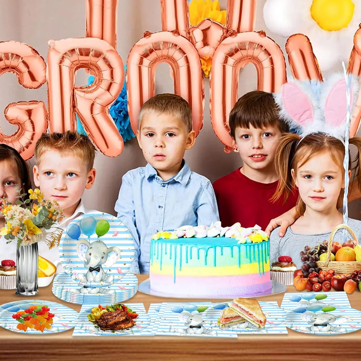 Set 10 Pahare, Flippy, Imprimeu Elefant, din Carton, 7.5 x 8.5 cm, Albastru - imagine 4