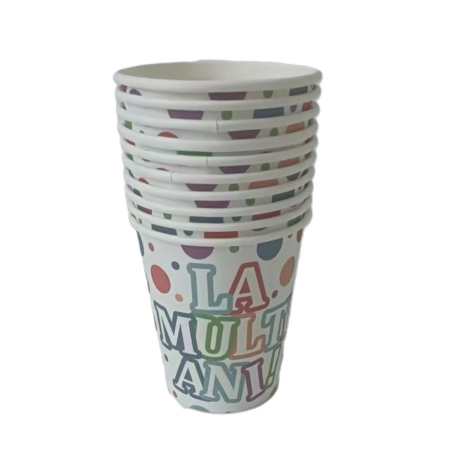Set 10 Pahare, Flippy, Imprimeu La Multi Ani, din Carton, 250 ml, 7 x 8.5 x 5 cm, Multicolor