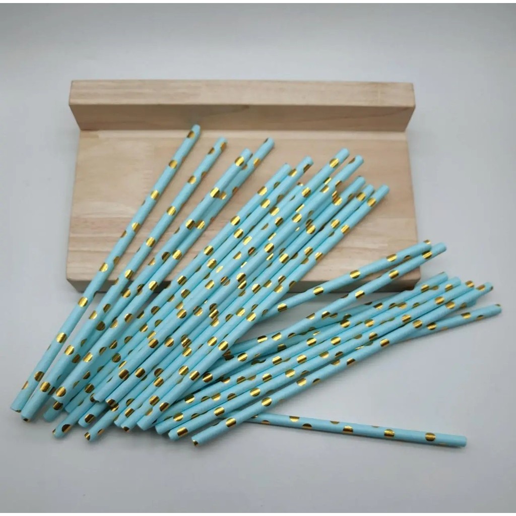 Set 10 Paie, Flippy, din Hartie, 19.5 cm, Model cu Buline Aurii, Albastru - imagine 2