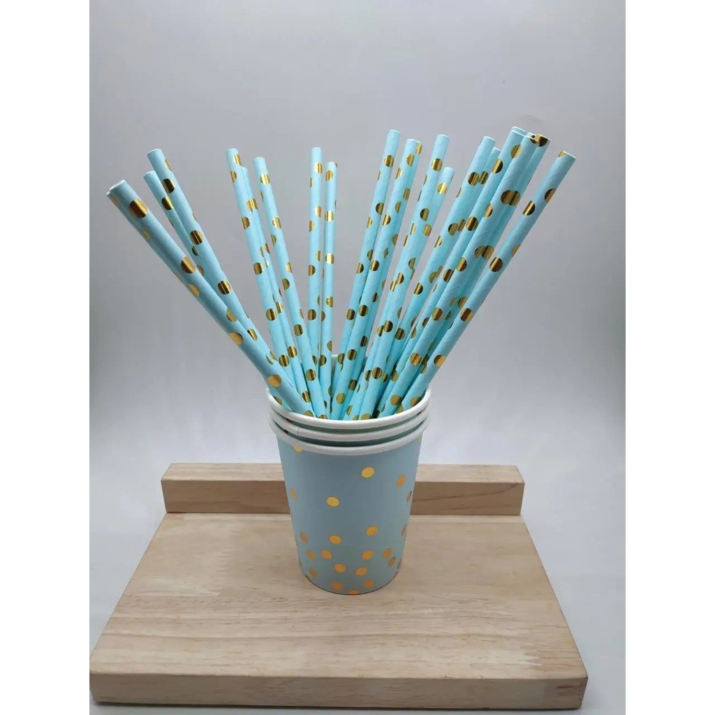 Set 10 Paie, Flippy, din Hartie, 19.5 cm, Model cu Buline Aurii, Albastru - imagine 3