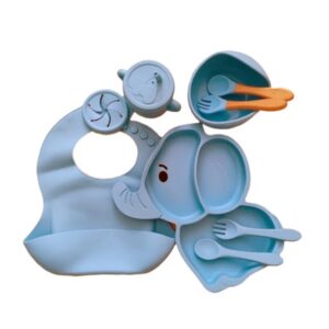 Set 10 Piese Servire Masa. Flippy, pentru Bebelusi si Copii, din Silicon/Lemn, cu Ventuze Anti-alunecare, fara Alergeni. +6 Luni, Model Elefant, Albastru Deschis