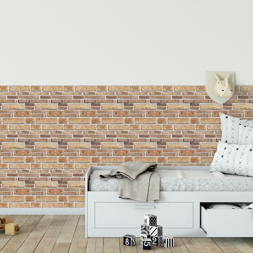 Set 10 Placi Tapet 3D, Flippy, 30 x 30 cm, din PVC, Tip Piatra, Suprafata acoperita 0.9 mp, Autoadeziv, Bej - imagine 2