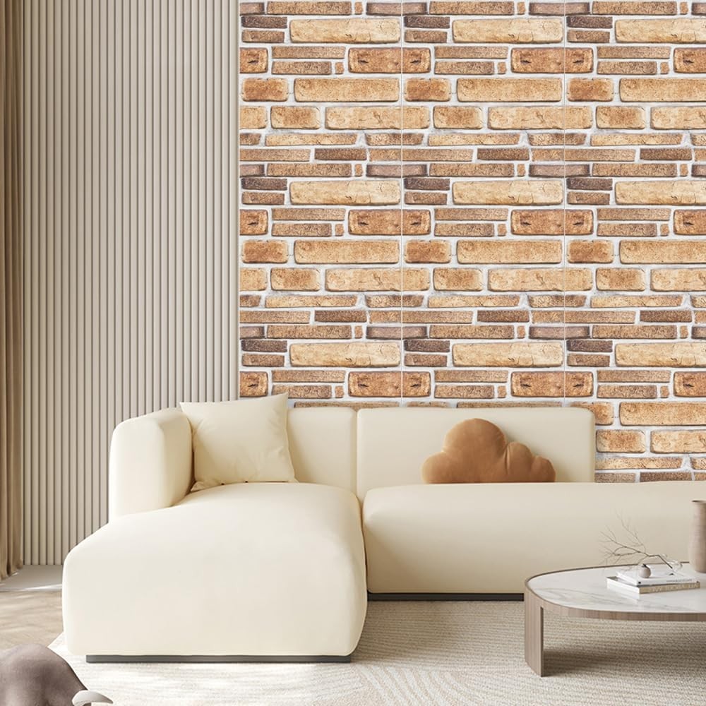 Set 10 Placi Tapet 3D, Flippy, 30 x 30 cm, din PVC, Tip Piatra, Suprafata acoperita 0.9 mp, Autoadeziv, Bej - imagine 3