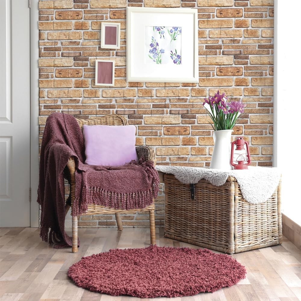 Set 10 Placi Tapet 3D, Flippy, 30 x 30 cm, din PVC, Tip Piatra, Suprafata acoperita 0.9 mp, Autoadeziv, Bej - imagine 4