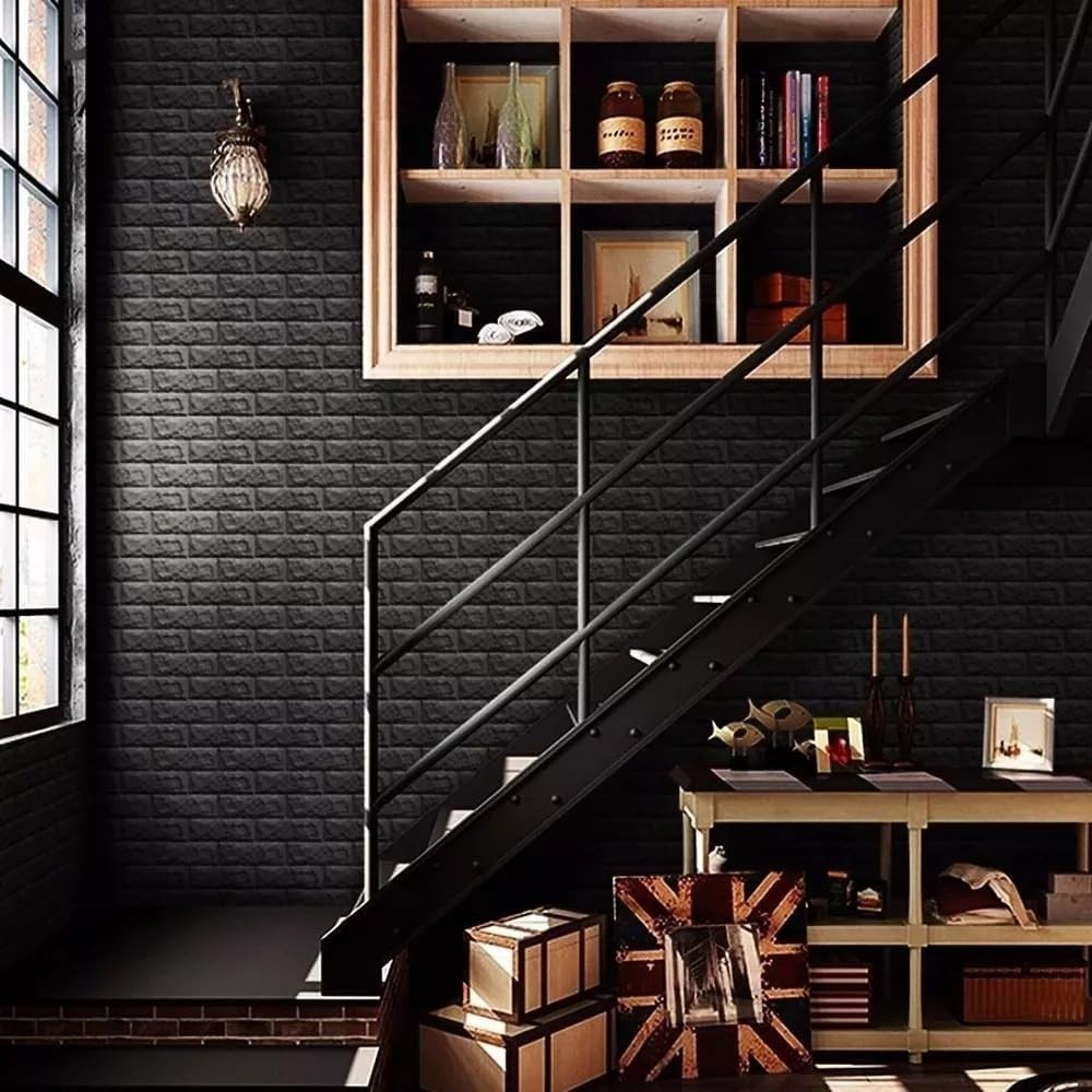 Set 10 Placi Tapet 3D, Flippy, 35 x 38 cm, Grosime 3 mm, din Polietilena, Model Caramida, Suprafata acoperita 1.33 mp, Negru - imagine 3