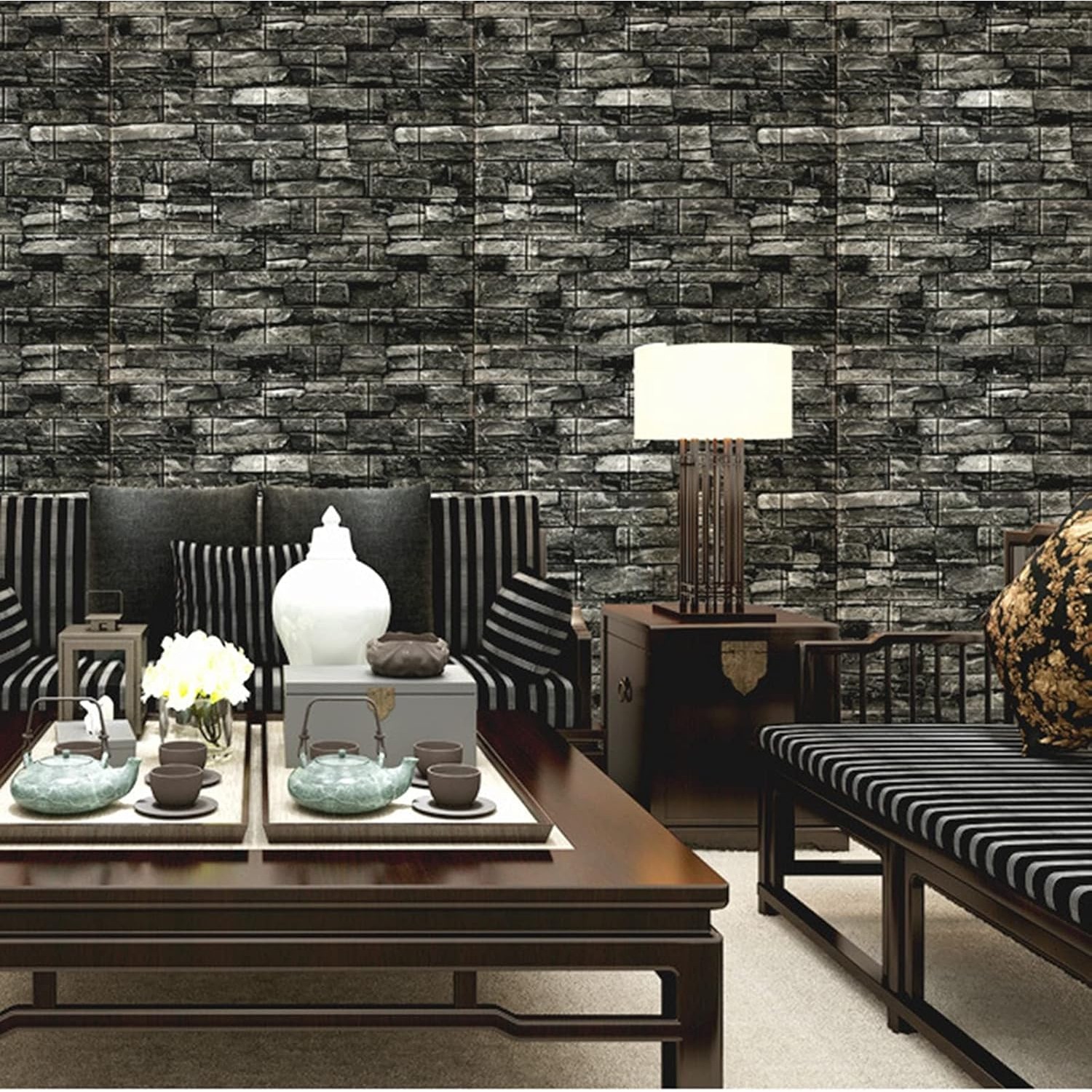 Set 10 Placi Tapet 3D, Flippy, 70 x 77 cm, Grosime 3 mm, din Polietilena, Model Caramida, Suprafata acoperita 5.3 mp, Gri Inchis - imagine 2