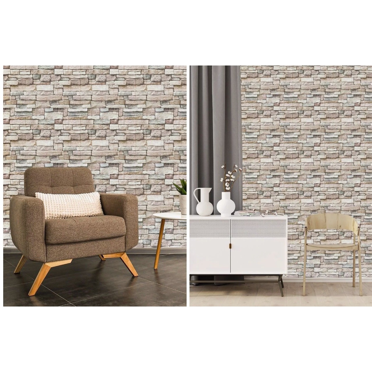 Set 10 Placi de Tapet, Flippy, Autoadezive, 70 x 77 cm, 2.5 mm Grosime, Suprafata Acoperita 5.3 mp, din PVC, Model Piatra, Crem - imagine 3