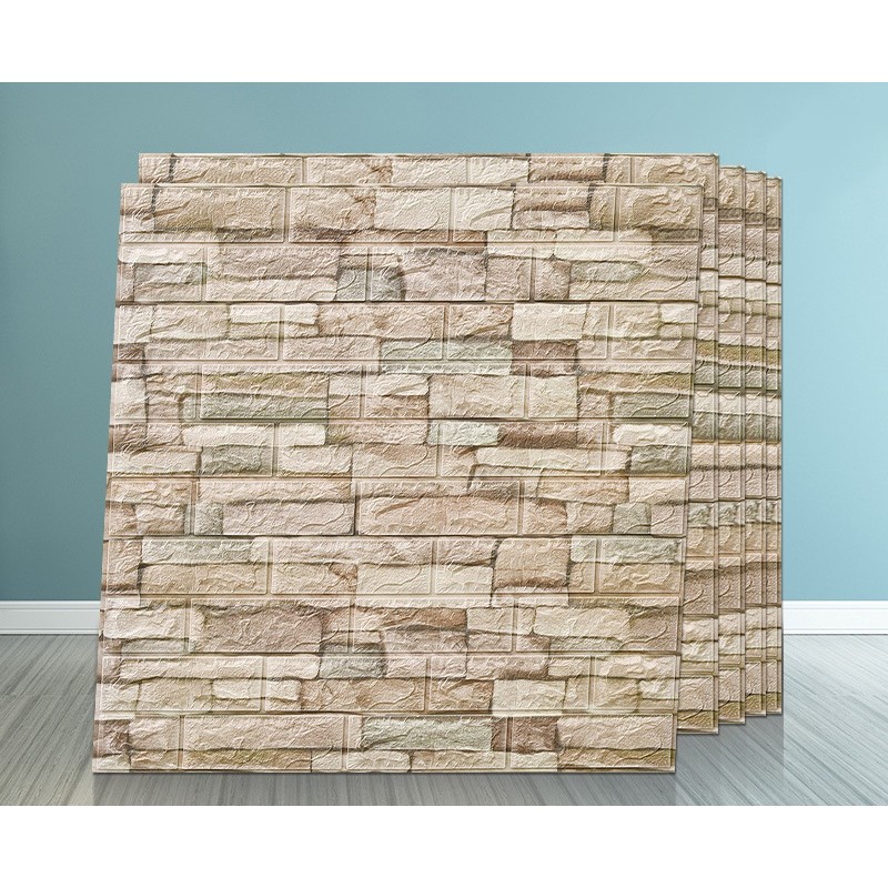 Set 10 Placi de Tapet, Flippy, Autoadezive, 70 x 77 cm, 2.5 mm Grosime, Suprafata Acoperita 5.3 mp, din PVC, Model Piatra, Crem - imagine 4