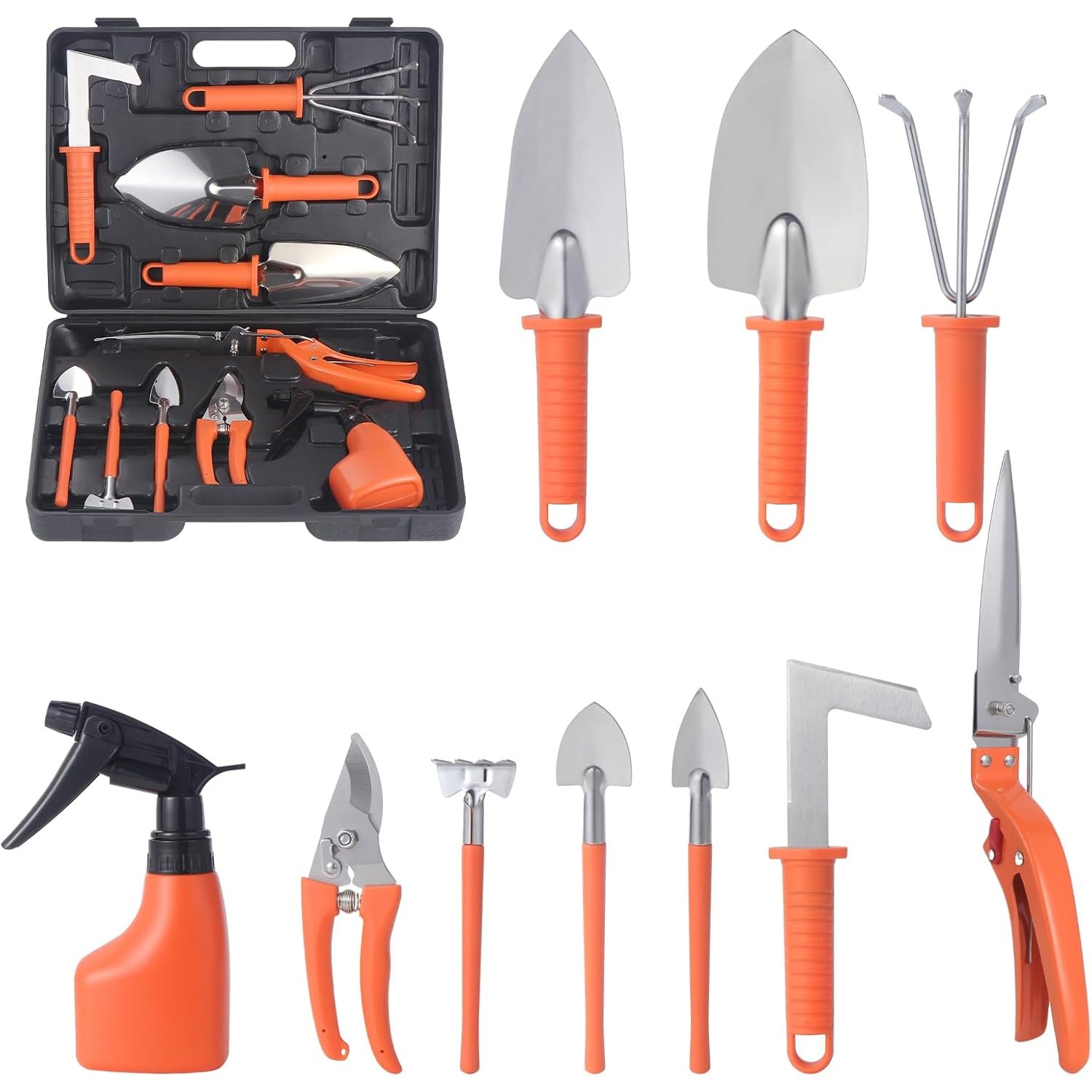 Set 10 Unelte de Gradina, Flippy, pentru Plantare Prelucrare Sol si Ingrijire Plante, Manere Portocalii, Material PVC si Otel Inoxidabil, Cutie Inclusa, 37x28x7 cm, Negru - imagine 2