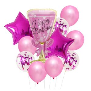 Set baloane Happy Birthday, Flippy, set din 11 bucati, Balon Pahar 93 cm, 2 baloane stea 45 cm, 5 baloane latex 30 cm, 3 baloane cu paiete 30 cm, Mov