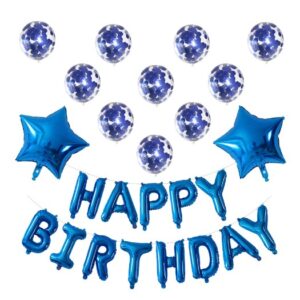 Set 12 Baloane si 1, Set pentru Aniversare, mesaj Happy Birthday, din folie de aluminiu, 30 -45 cm, Cu paiete, latex si folie, Albastru