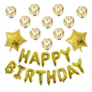 Set 12 Baloane si 1, Set pentru Aniversare, mesaj Happy Birthday, din folie de aluminiu, 30 -45 cm, Cu paiete, latex si folie, Auriu