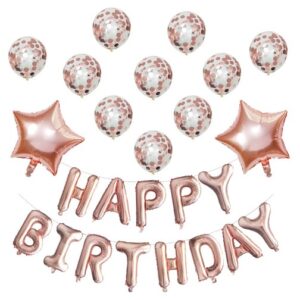 Set 12 Baloane si 1, Set pentru Aniversare, mesaj Happy Birthday, din folie de aluminiu, 30 -45 cm, Cu paiete, latex si folie, Rose Gold