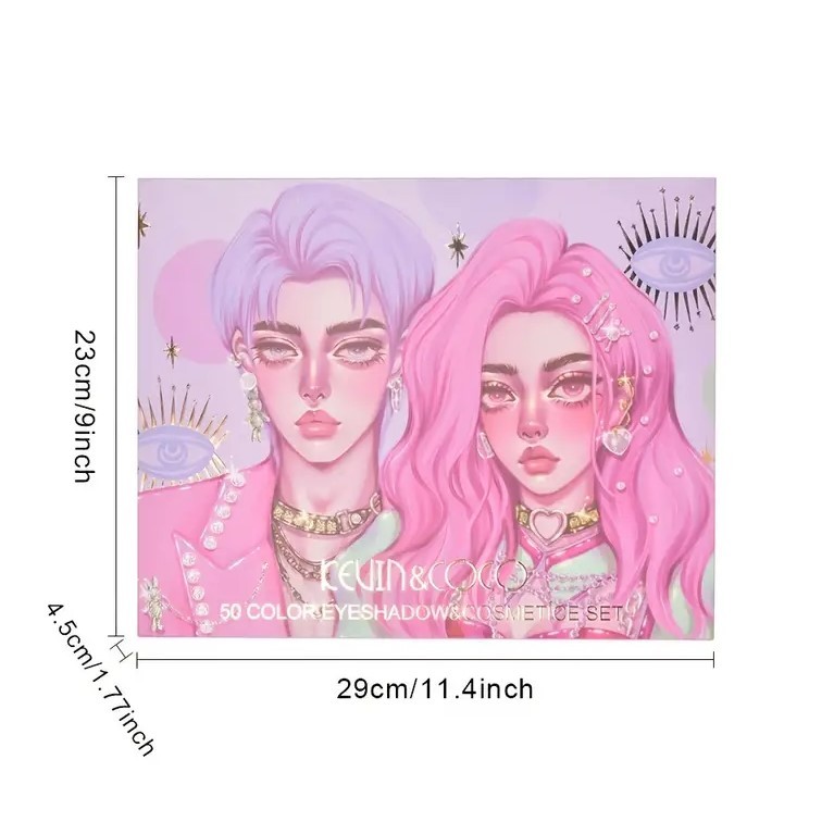 Set 13 piese cosmetice Kevin&Coco, 6 Lip Gloss, 2 Gloss drip, Ceara sprancene, Crema blus, Creion , paleta farduri 50 culori nuante rose/nude/maro, cutie patrata, multicolor - imagine 2