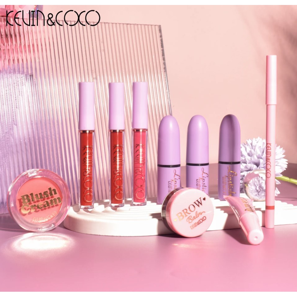 Set 13 piese cosmetice Kevin&Coco, 6 Lip Gloss, 2 Gloss drip, Ceara sprancene, Crema blus, Creion , paleta farduri 50 culori nuante rose/nude/maro, cutie patrata, multicolor - imagine 3