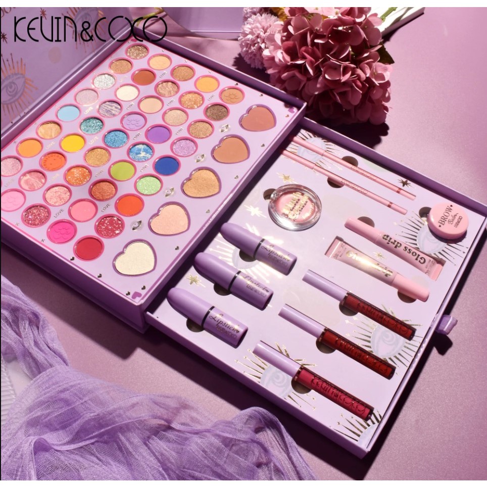 Set 13 piese cosmetice Kevin&Coco, 6 Lip Gloss, 2 Gloss drip, Ceara sprancene, Crema blus, Creion , paleta farduri 50 culori nuante rose/nude/maro, cutie patrata, multicolor - imagine 4