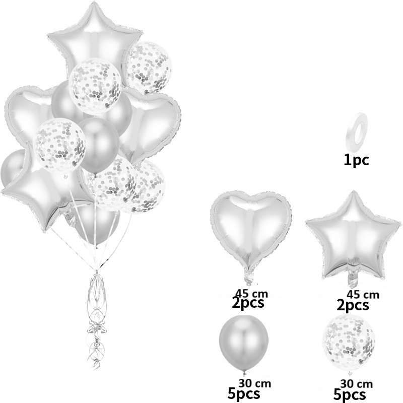 Set 14 Baloane din Folie Metalizată si din Latex, Flippy, Figurine Stea si Inima 45 cm, Baloane Latex 30 cm, Tema Buchet, Ambalaj Individual, Pai Inclus, Umflare cu Aer sau Heliu, Argintiu - imagine 2