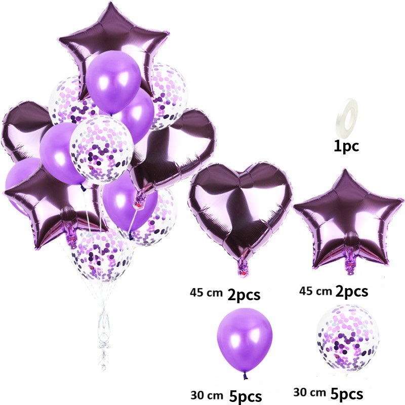 Set 14 Baloane din Folie Metalizată si din Latex, Flippy, Figurine Stea si Inima 45 cm, Baloane Latex 30 cm, Tema Buchet, Ambalaj Individual, Pai Inclus, Umflare cu Aer sau Heliu, Mov - imagine 2
