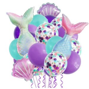 Baloane decorative Aqua Sirene, Flippy, Set MIX 22 baloane, din folie de alumiu, 2 Sirene, 2 Scoici, 18 baloane din latex, 50 x 85 cm Adeziv si pai inclus, Mov Multicolor
