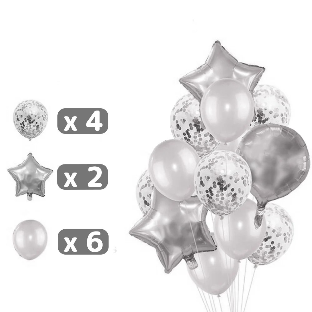Set 25 de Baloane din Folie Metalizata si Latex, Flippy, Figurine 2 Stele, 4 Baloane Confetti, 13 Litere, 6 Latex, Model Happy Birthday, Tema Aniversare, 40 cm, Ambalaj Individual, Pai Inclus, Umflare cu Aer sau Heliu, Argintiu - imagine 2