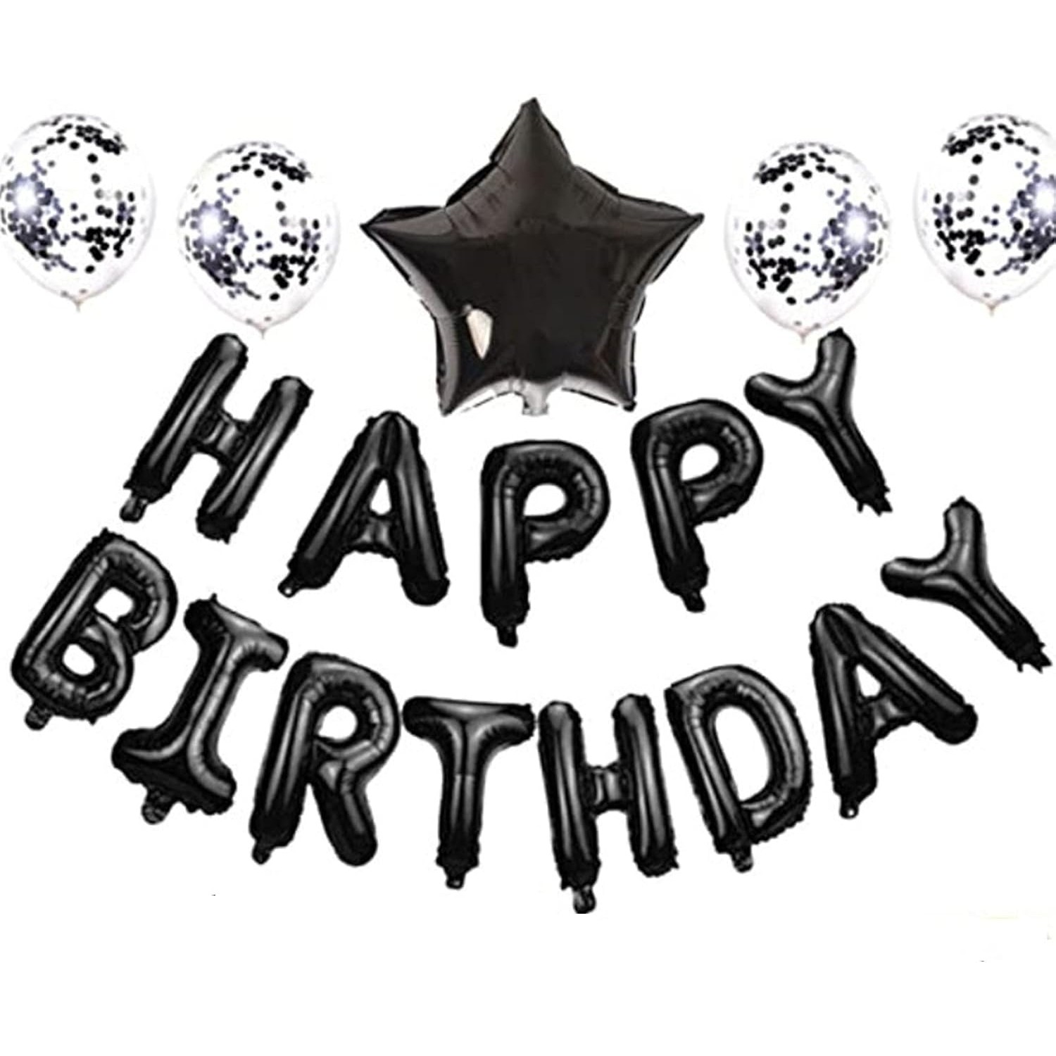 Set 25 de Baloane din Folie Metalizata si Latex, Flippy, Figurine 2 Stele, 4 Baloane Confetti, 13 Litere, 6 Latex, Model Happy Birthday, Tema Aniversare, 40 cm, Ambalaj Individual, Pai Inclus, Umflare cu Aer sau Heliu, Negru - imagine 2