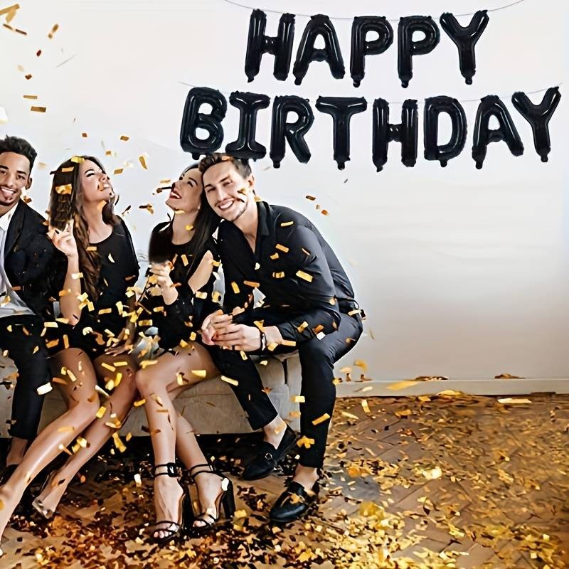 Set 25 de Baloane din Folie Metalizata si Latex, Flippy, Figurine 2 Stele, 4 Baloane Confetti, 13 Litere, 6 Latex, Model Happy Birthday, Tema Aniversare, 40 cm, Ambalaj Individual, Pai Inclus, Umflare cu Aer sau Heliu, Negru - imagine 3