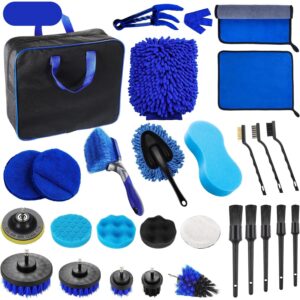Set 29 Accesorii pentru Curatare Auto, Flippy, din PP si Microfibra, Interior/Exterior, 30 x 24 x 12 cm, Albastru/Negru