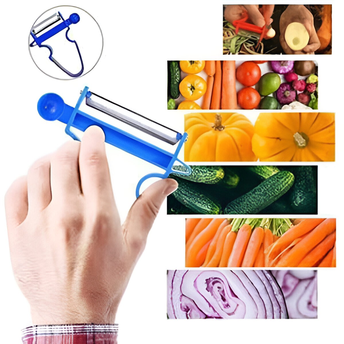 Set 3 Accesorii de Decojire, Razuire si Feliere, Flippy, pentru Legume si Fructe, Negru-Rosu-Albastru - imagine 4