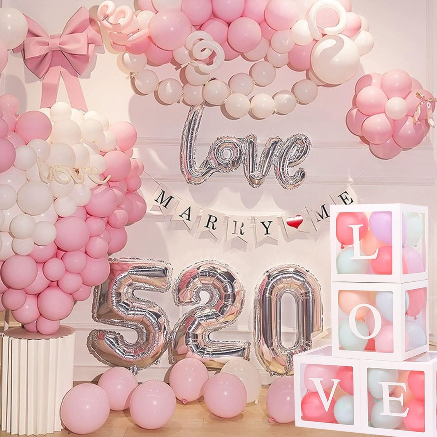 Set 4 Cutii pentru Baloane, Flippy, Model Scris Love, Tematica Iubire, Cuburi Decorative din Plastic, Accesorii pentru Petrecere, 30 x30 cm, Transparente Contur Alb - imagine 4