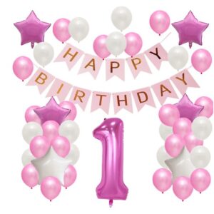 Set Baloane Aniversare HAPPY BIRTHDAY, Flippy, set din 42 bucati, 1 bucata cifra mare, 4 stele din folie aluminiu, 37 simple din latex, Baby Girl, 60 cm Roz