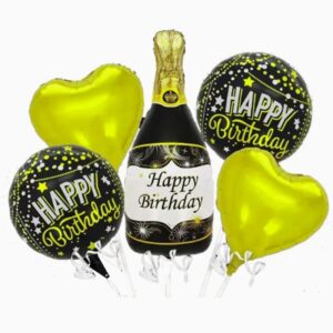 Baloane pentru aniversare, Flippy, tematica Happy Birthday, set 5 baloane, 1 Sticla Sampanie 103 x 94 cm, 2 inimi, 2 rotunde, din folie de aluminiu, pai de carton inclus, Negru Auriu
