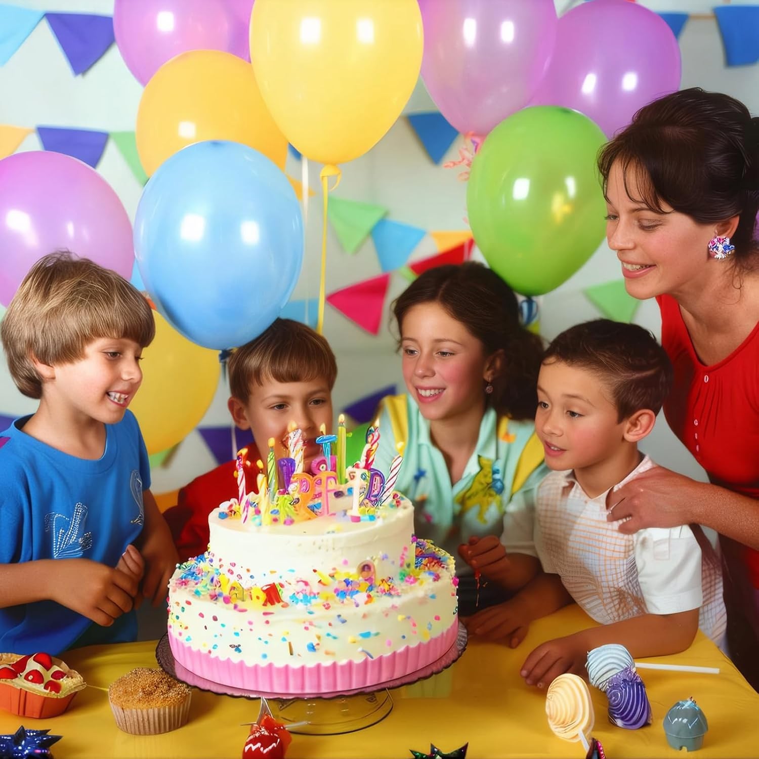 Set 50 Baloane din Latex, Flippy, Model Party, Multicolor, 7x Albastru, 7x Verde, 7x Galben, 7x Mov, 7x Portocaliu, 7x Roz, 8x Rosu, 23 cm, 1.4 g - imagine 3