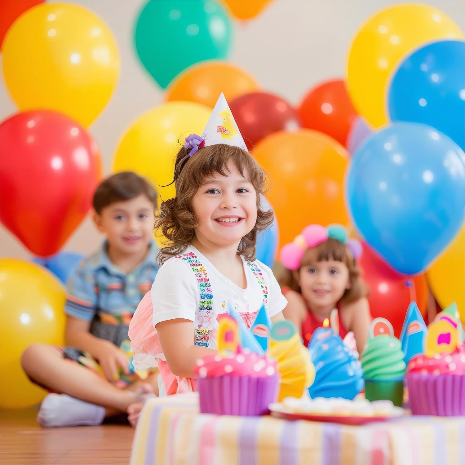 Set 50 Baloane din Latex, Flippy, Model Party, Multicolor, 7x Albastru, 7x Verde, 7x Galben, 7x Mov, 7x Portocaliu, 7x Roz, 8x Rosu, 23 cm, 1.4 g - imagine 4