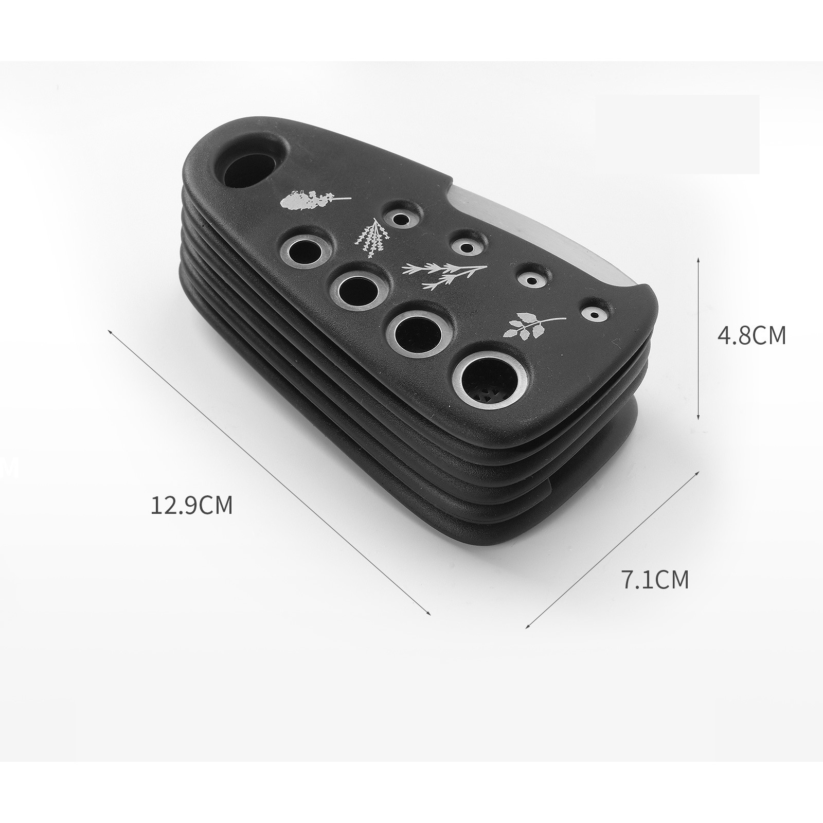 Set 6 in 1 mini ustensile bucatarie Flippy, taietor pizza, cutit, curatator, razatoare, desfacator, presa usturoi, manere din ABS, lame ascutite din otel inoxidabil, 7.1 x 12.9 x 4.8 cm, negru - imagine 2
