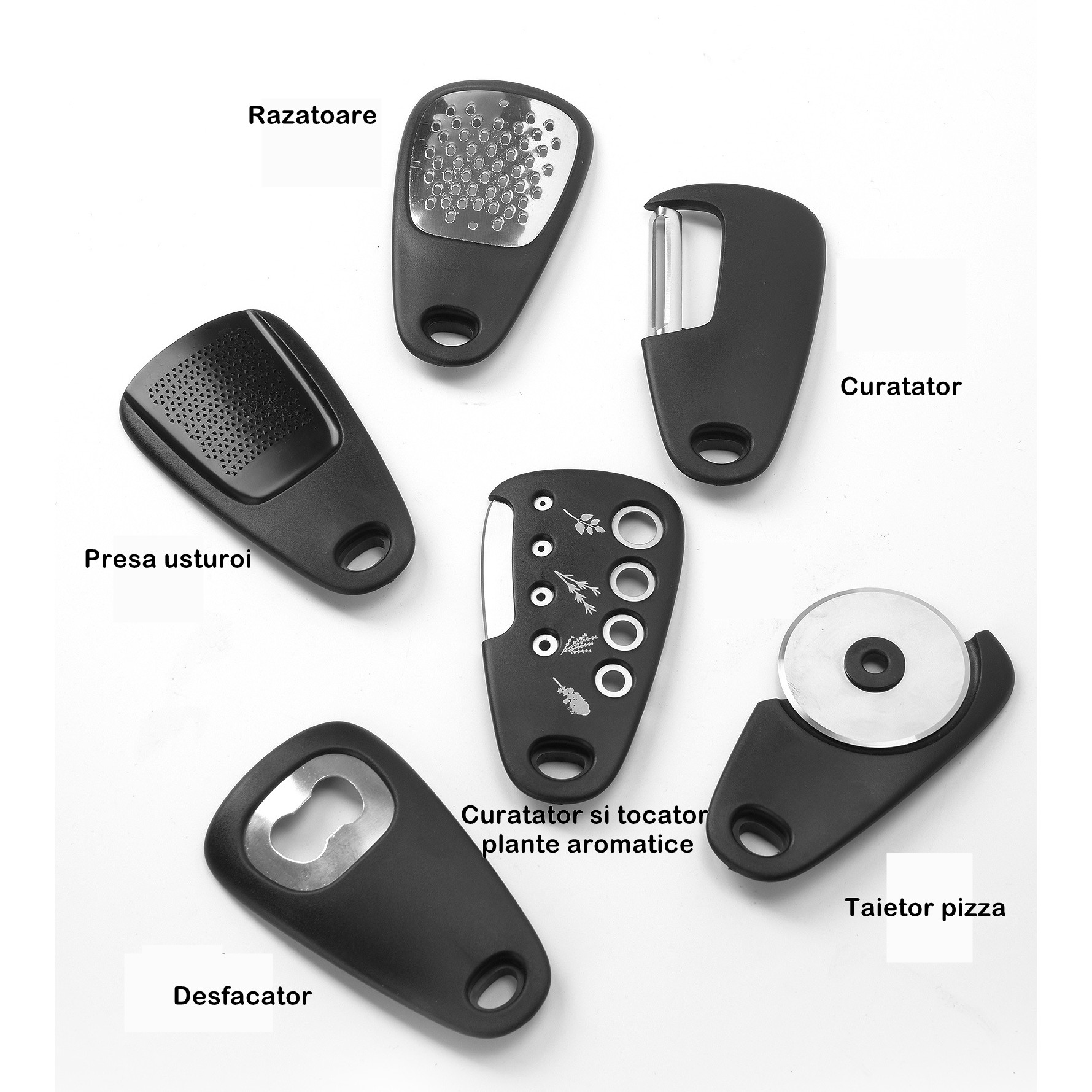 Set 6 in 1 mini ustensile bucatarie Flippy, taietor pizza, cutit, curatator, razatoare, desfacator, presa usturoi, manere din ABS, lame ascutite din otel inoxidabil, 7.1 x 12.9 x 4.8 cm, negru - imagine 4